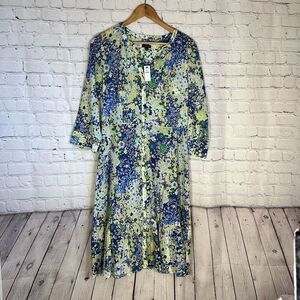 Talbots Petites 4 Cotton Floral Dress Lined 3/4 Sleeves Yellow Blue Green